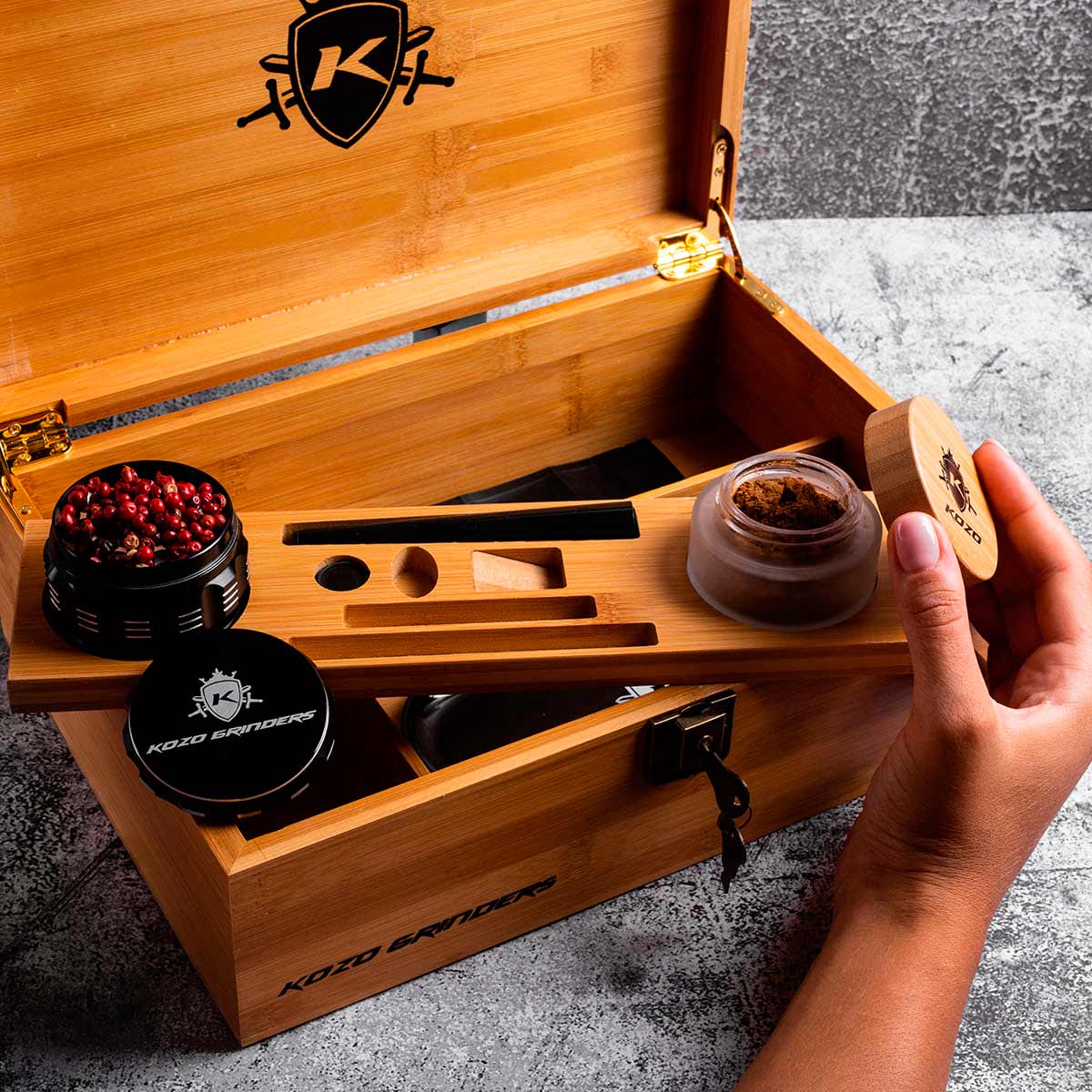 Xl Wooden Hinges Stash Box-grinder with red pepper outside